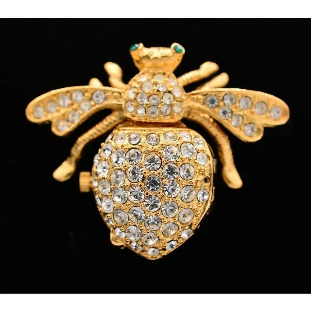 Joan Rivers Vintage Fly Watch Pin Brooch Rhinestone Crystal Gold Signed Bin5A